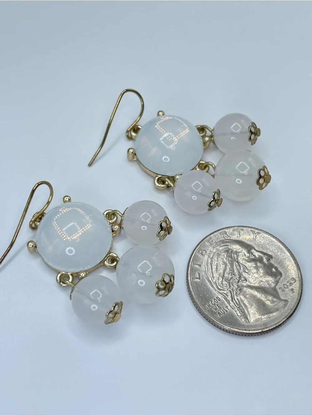 Gold Tone White Acrylic Beaded Chandelier Dangle Drop Earrings